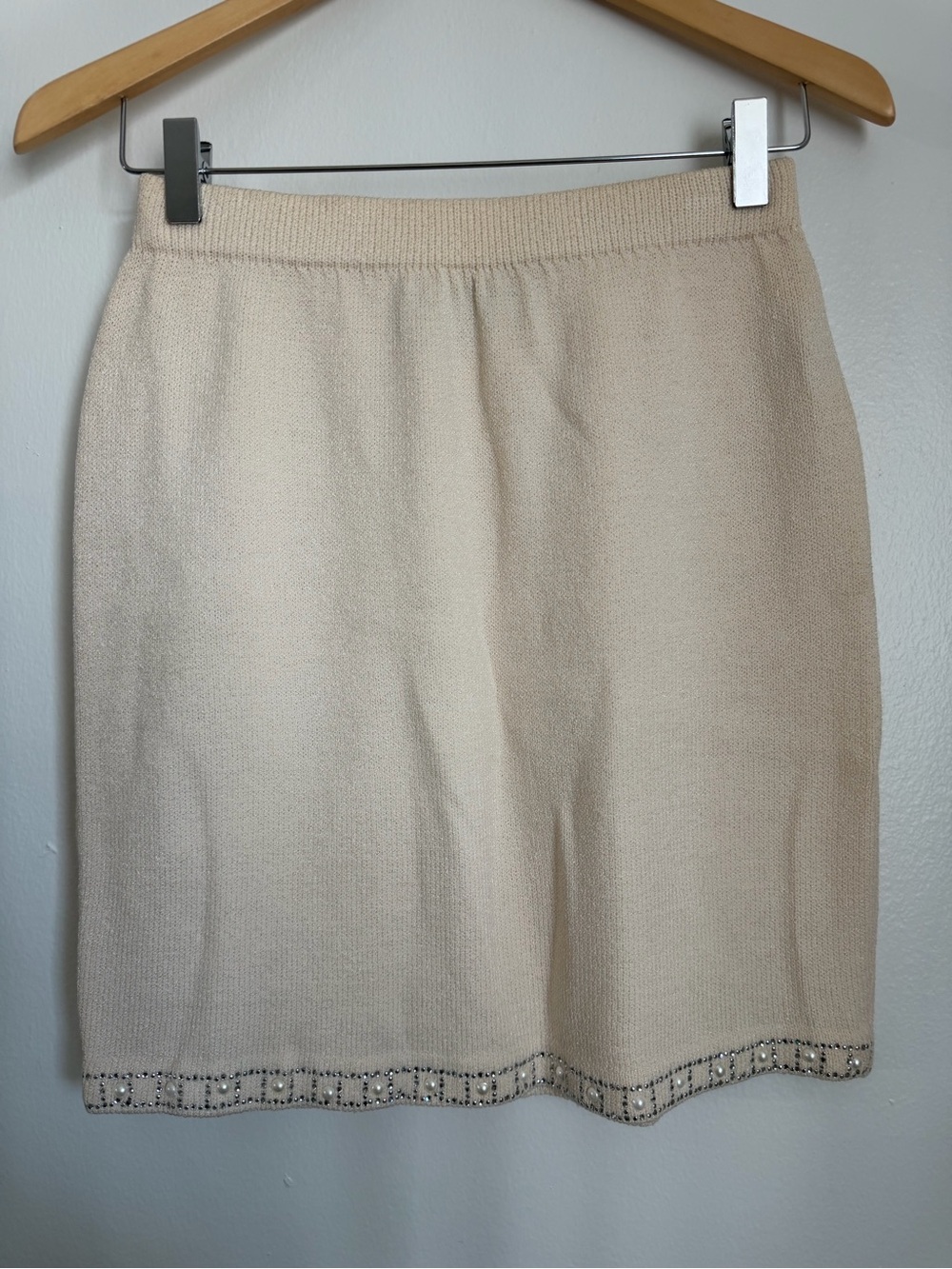 St. John Knit Midi Skirt Women Size 2 Bedazzled Cream Ivory